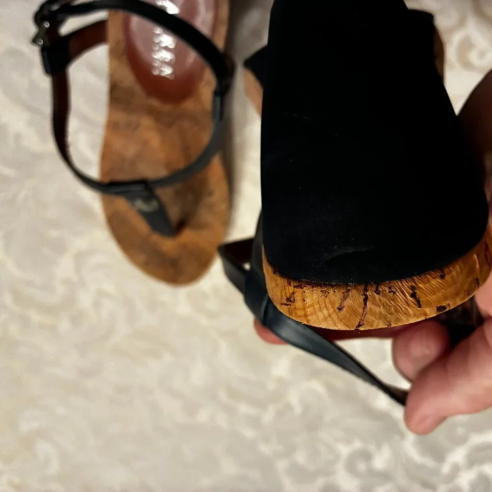 Lauren Ralph Lauren Navy Cork Wedge Sandals T Strap Adjustable Buckle-NEW - 6.5B